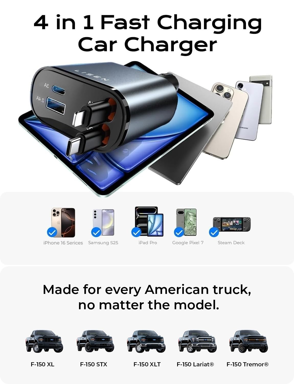 LISEN Retractable 69W Cars Adapter USB C Fast Charger