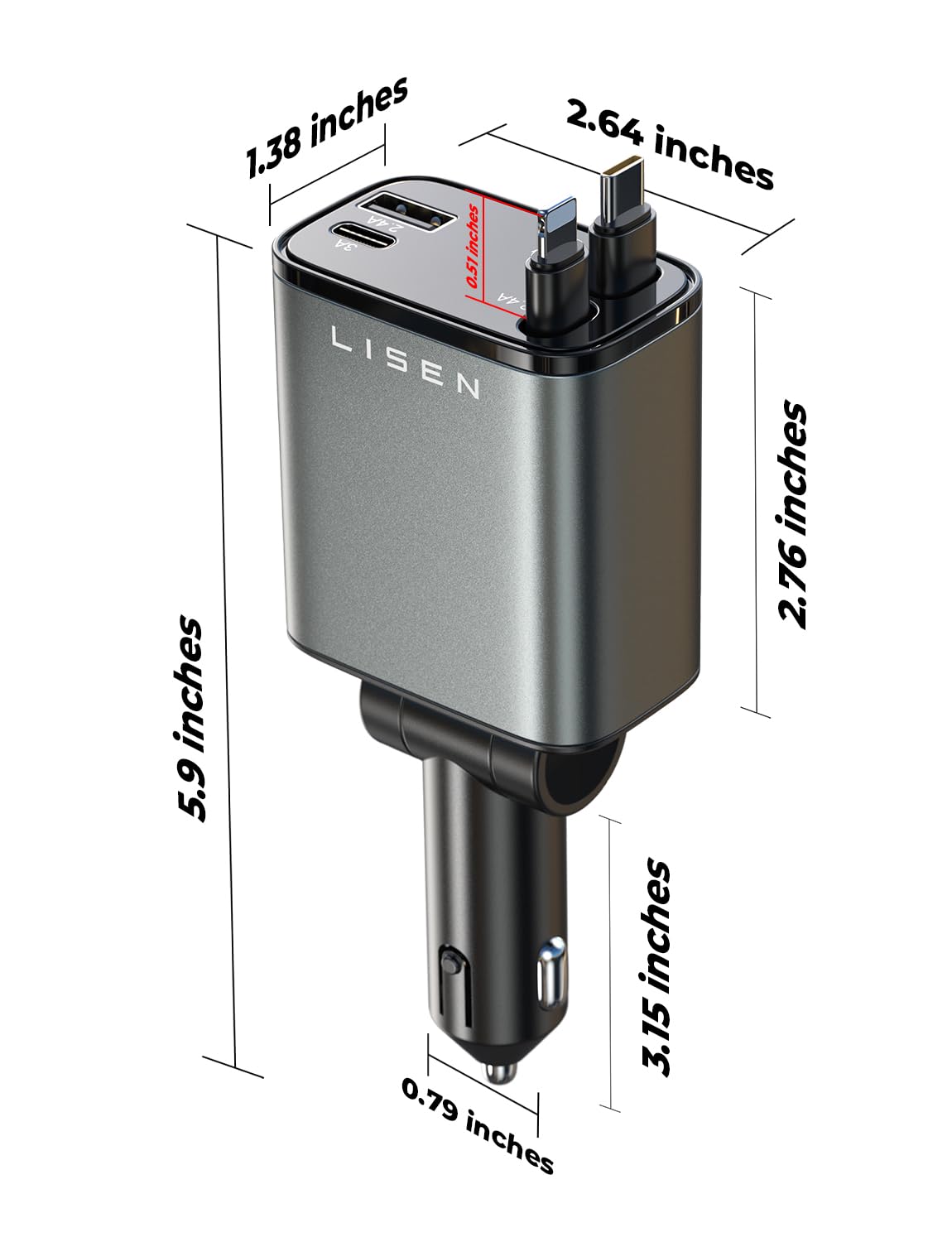 LISEN Retractable 69W Cars Adapter USB C Fast Charger