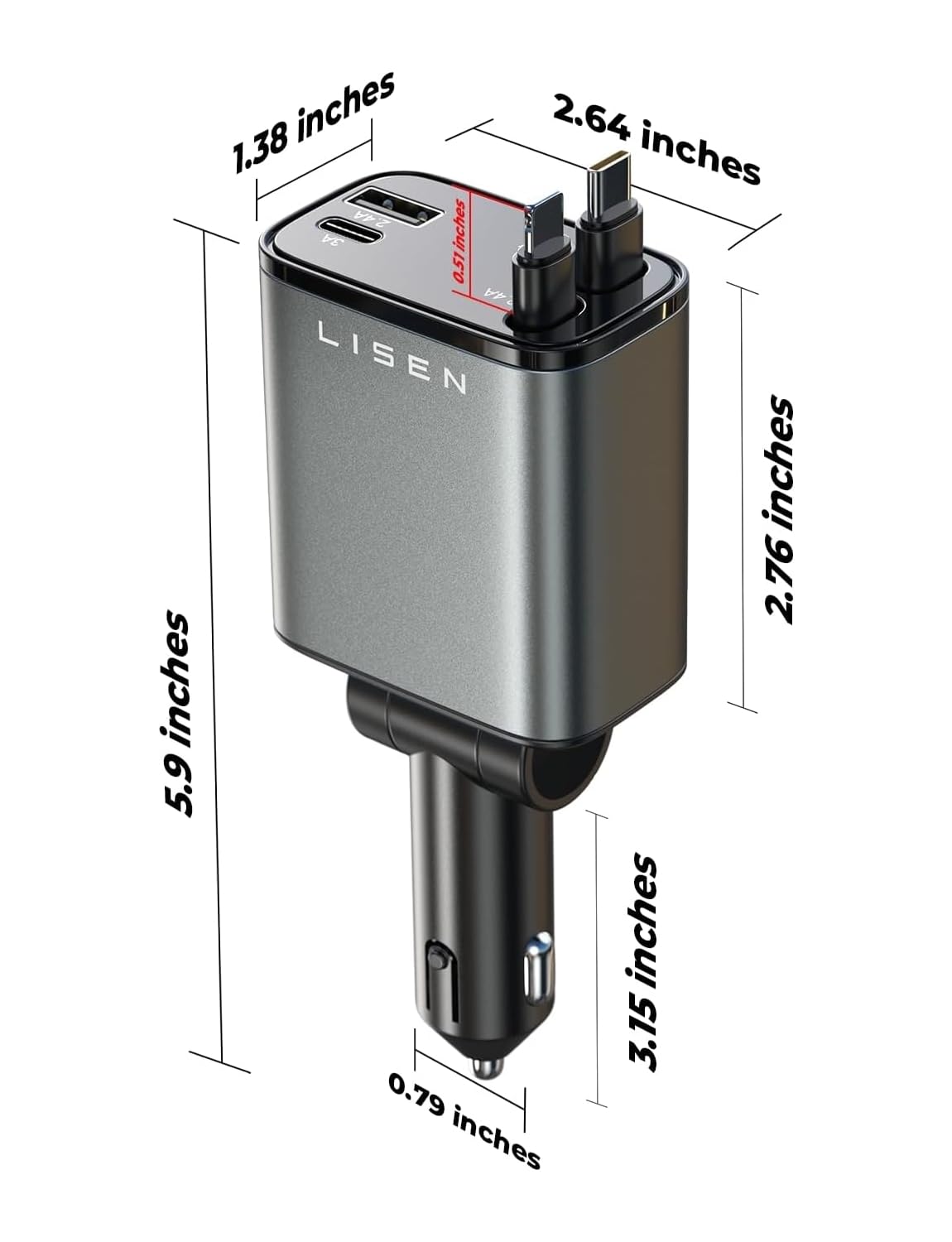 LISEN Retractable 69W Cars Adapter USB C Fast Charger