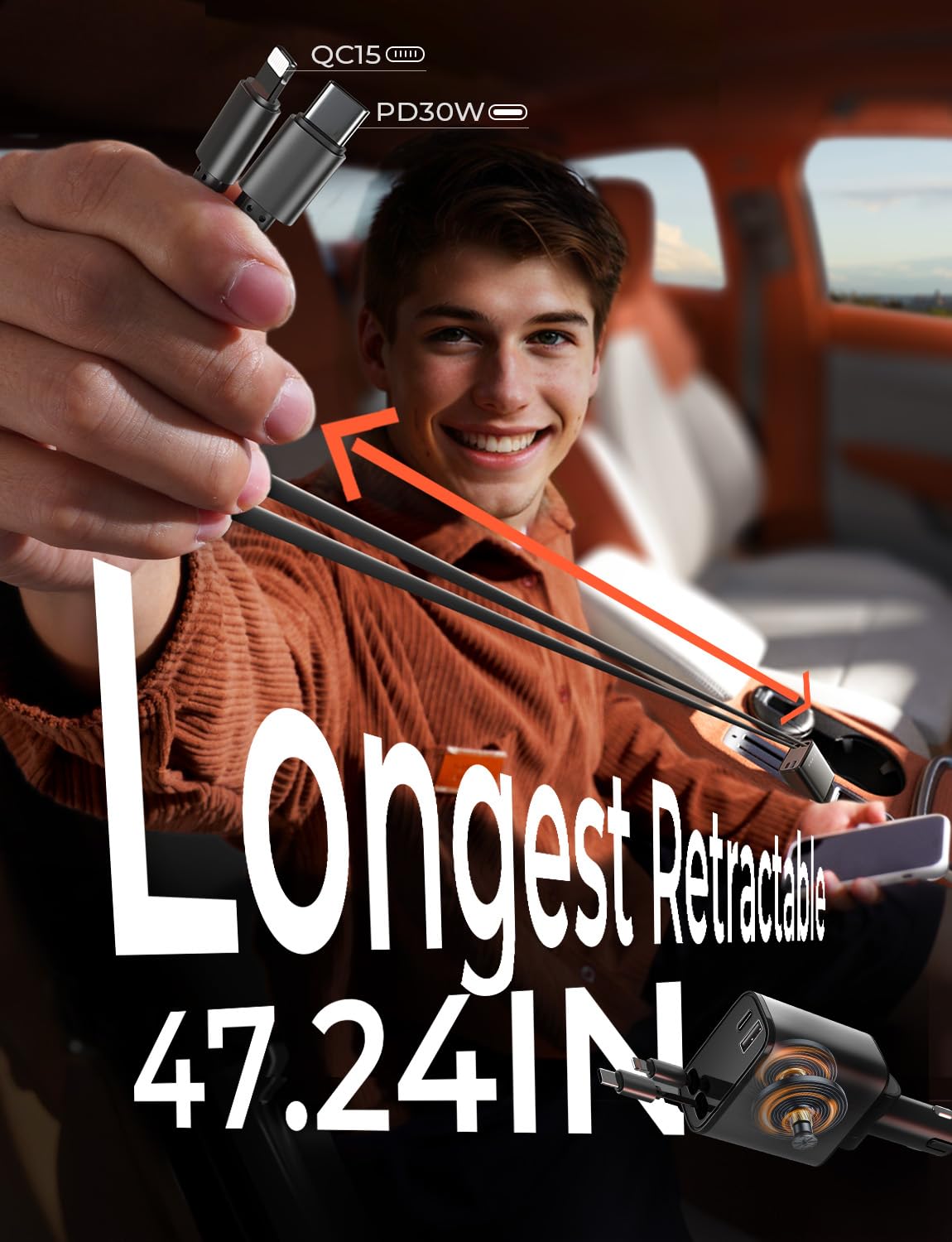 LISEN Retractable 69W Cars Adapter USB C Fast Charger