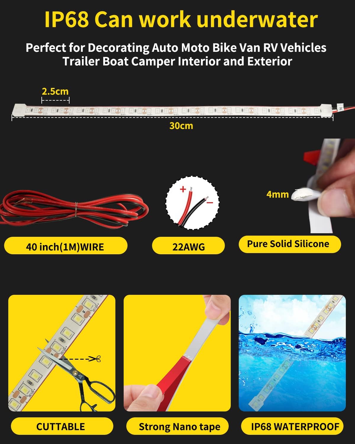 YM E-Bright LED Strip Light 30CM Waterproof for Car Motorcycles Decoration