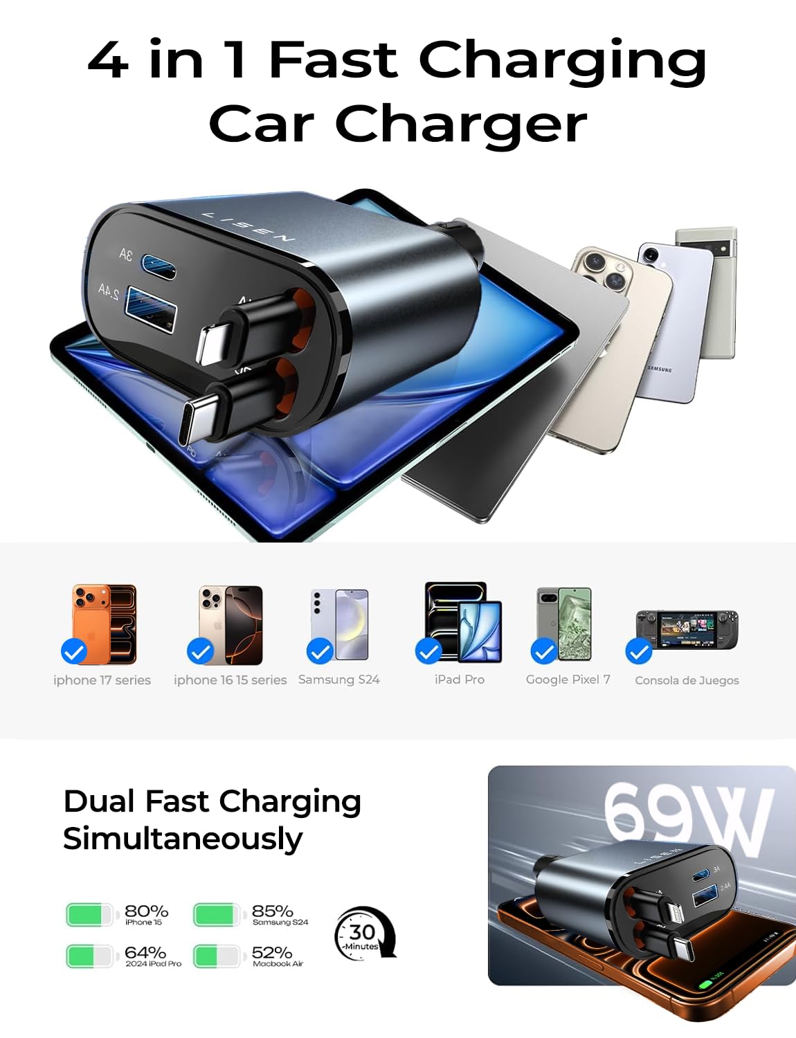 LISEN Retractable 69W Cars Adapter USB C Fast Charger