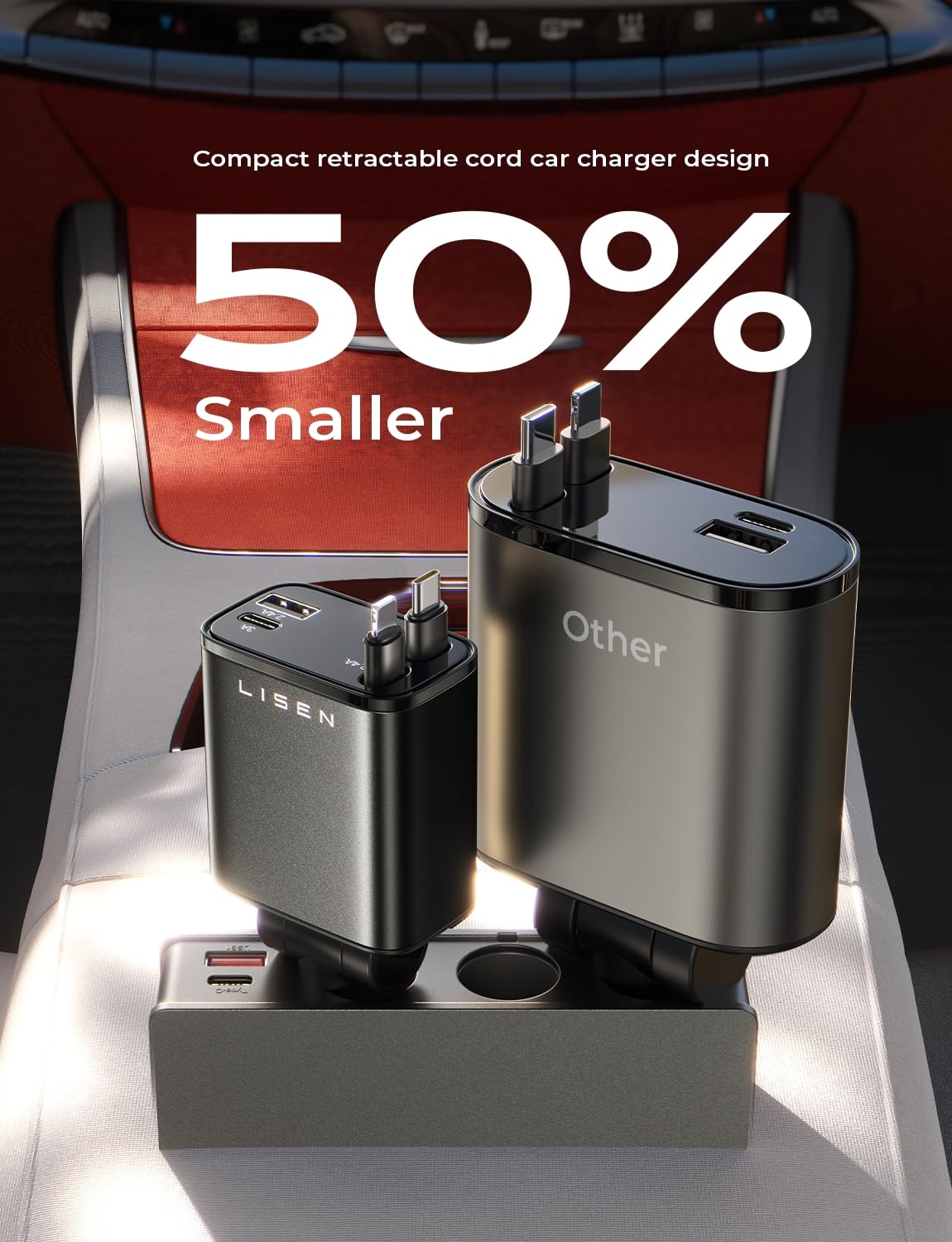 LISEN Retractable 69W Cars Adapter USB C Fast Charger