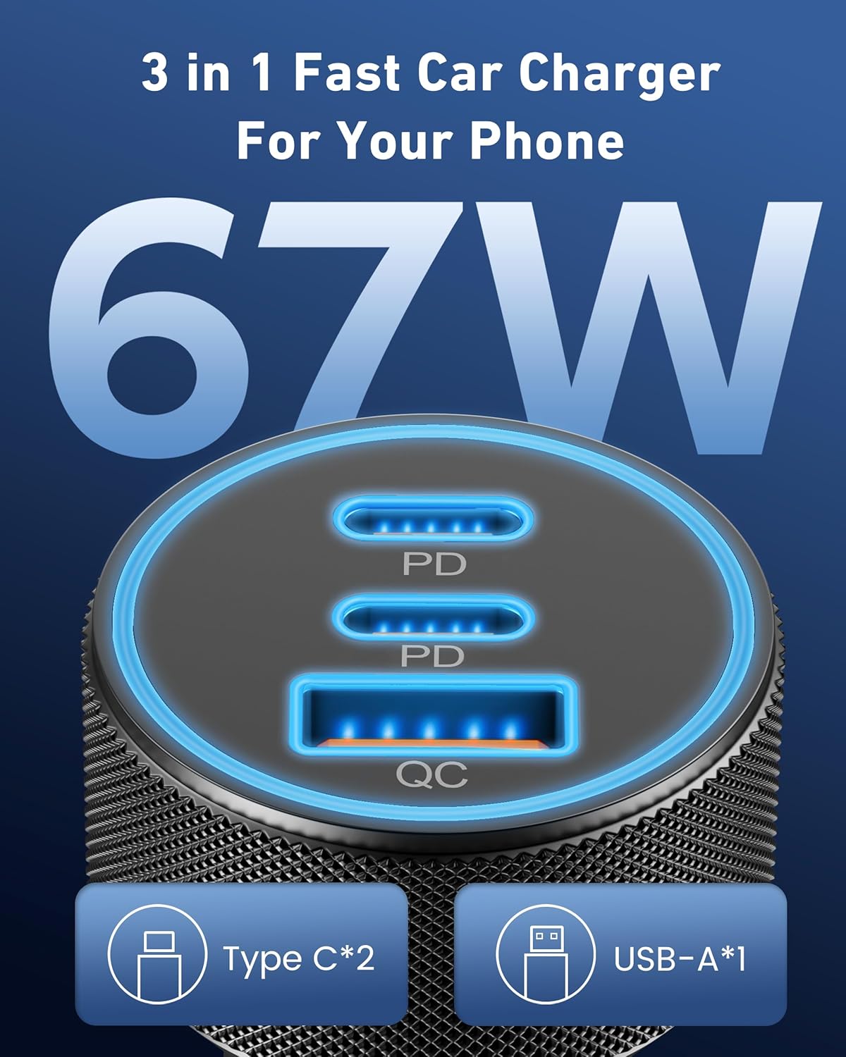 USB C Car Charger, 3-Port 67W Dual USB-C & USB-A Car Power Adapter